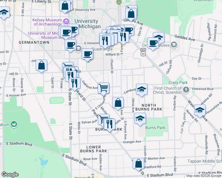 map of restaurants, bars, coffee shops, grocery stores, and more near 1130 Oakland Avenue in Ann Arbor
