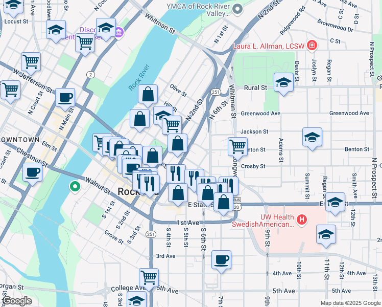 map of restaurants, bars, coffee shops, grocery stores, and more near 415 North 3rd Street in Rockford