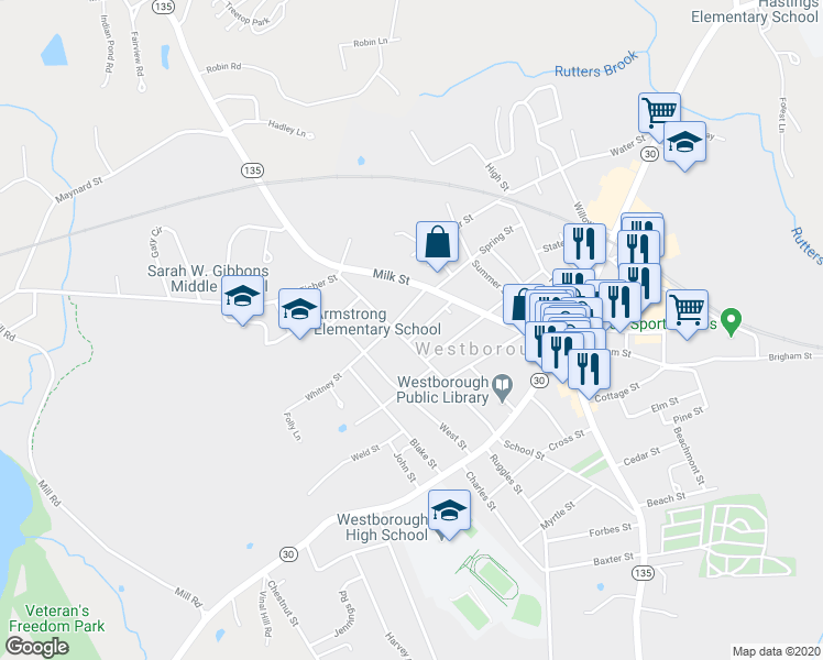 map of restaurants, bars, coffee shops, grocery stores, and more near 15 Boardman Street in Westborough