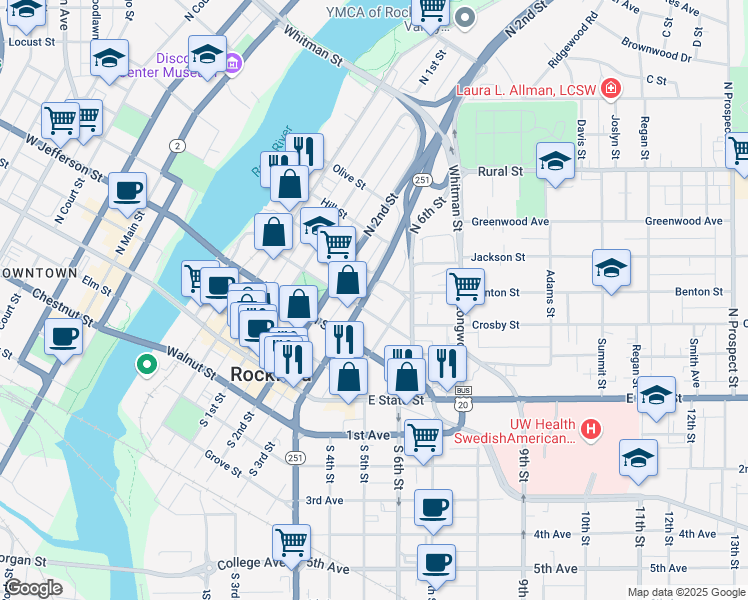 map of restaurants, bars, coffee shops, grocery stores, and more near 415 North 3rd Street in Rockford