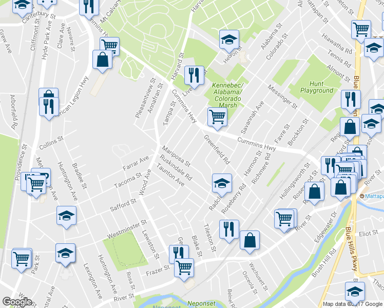 map of restaurants, bars, coffee shops, grocery stores, and more near 35 Sefton Street in Boston