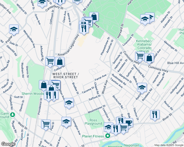 map of restaurants, bars, coffee shops, grocery stores, and more near 80 Victoria Heights Road in Boston