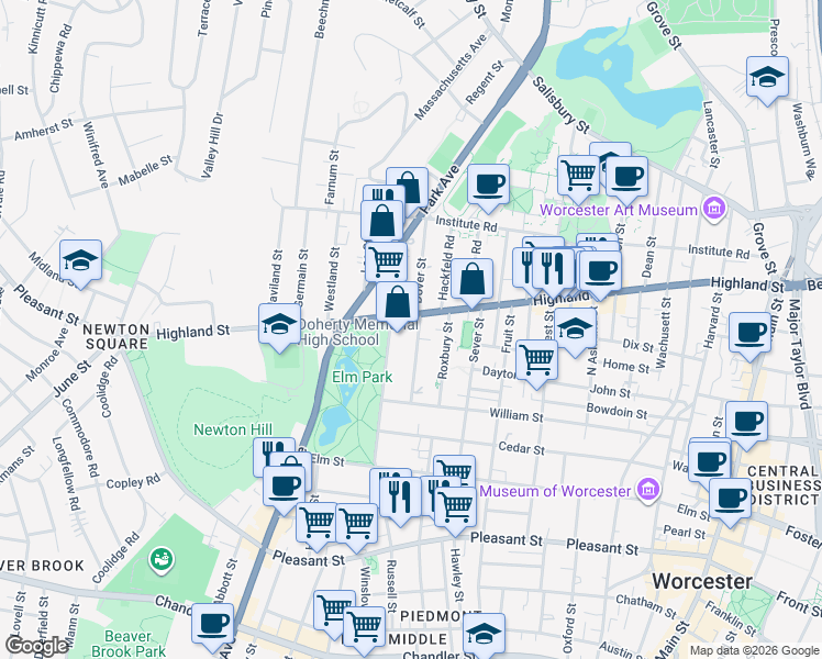 map of restaurants, bars, coffee shops, grocery stores, and more near 35 Somerset Street in Worcester