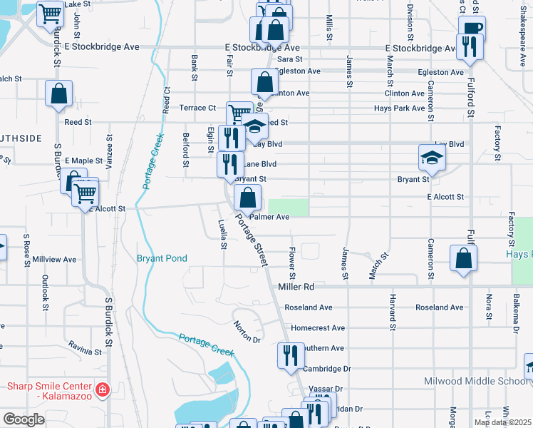 map of restaurants, bars, coffee shops, grocery stores, and more near 819 Palmer Avenue in Kalamazoo