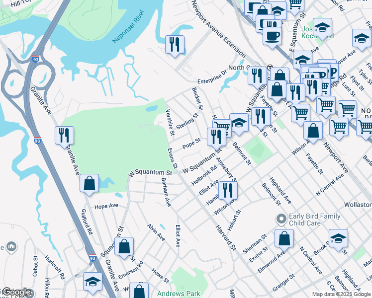 map of restaurants, bars, coffee shops, grocery stores, and more near 56 Pope Street in Quincy