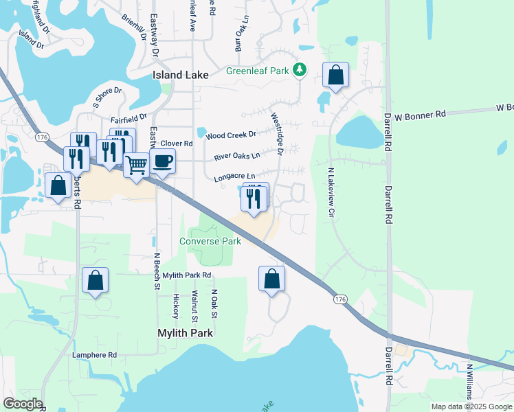 map of restaurants, bars, coffee shops, grocery stores, and more near 4107 Westridge Drive in Island Lake