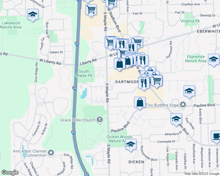map of restaurants, bars, coffee shops, grocery stores, and more near 1034 Bluestem Lane in Ann Arbor