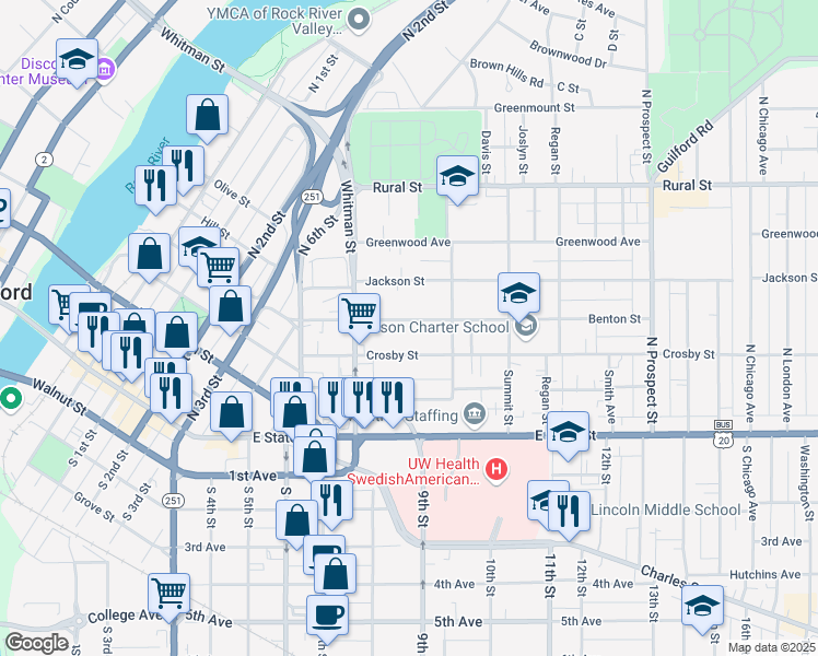 map of restaurants, bars, coffee shops, grocery stores, and more near 1211 Benton Street in Rockford