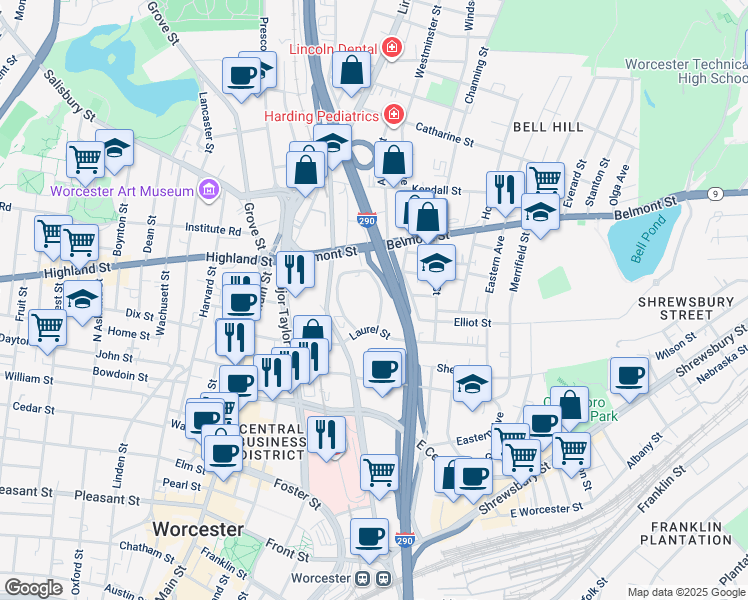 map of restaurants, bars, coffee shops, grocery stores, and more near 50 Everett Gaylord Boulevard in Worcester