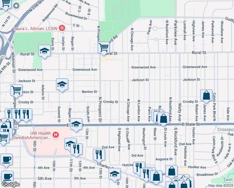 map of restaurants, bars, coffee shops, grocery stores, and more near 312 North Highland Avenue in Rockford