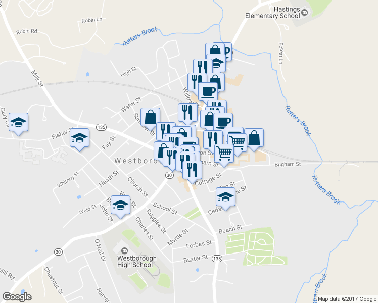 map of restaurants, bars, coffee shops, grocery stores, and more near 1 Union Street in Westborough