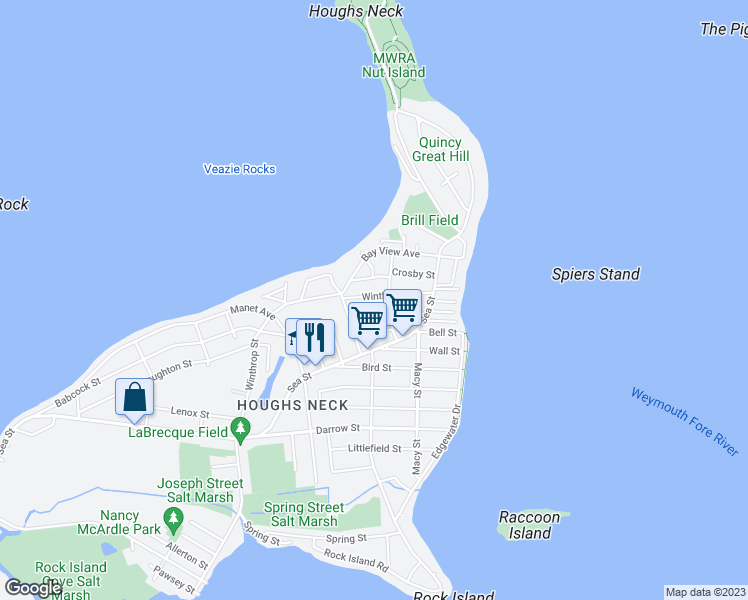 map of restaurants, bars, coffee shops, grocery stores, and more near 219 Winthrop Street in Quincy