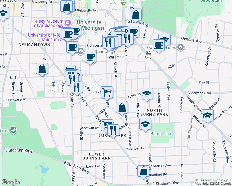 map of restaurants, bars, coffee shops, grocery stores, and more near 1000 Church Street in Ann Arbor