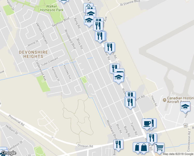 map of restaurants, bars, coffee shops, grocery stores, and more near 3640 Bliss Road in Windsor