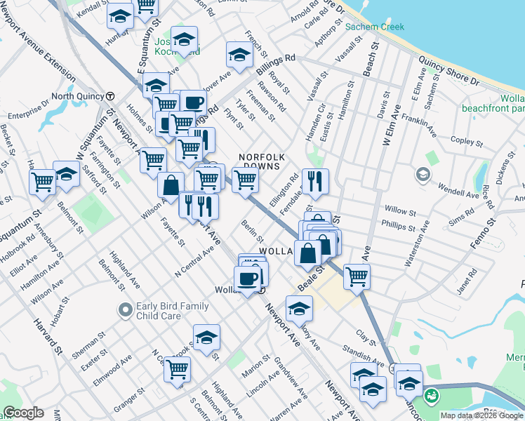 map of restaurants, bars, coffee shops, grocery stores, and more near 553 Hancock Street in Quincy