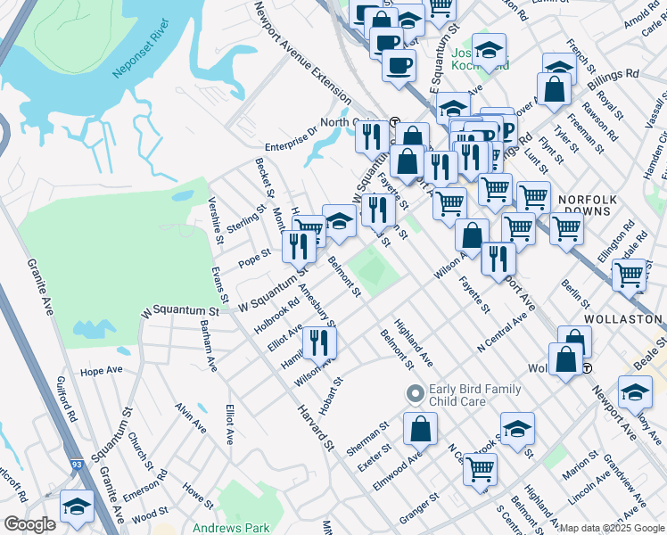 map of restaurants, bars, coffee shops, grocery stores, and more near 15 Belmont Street in Quincy