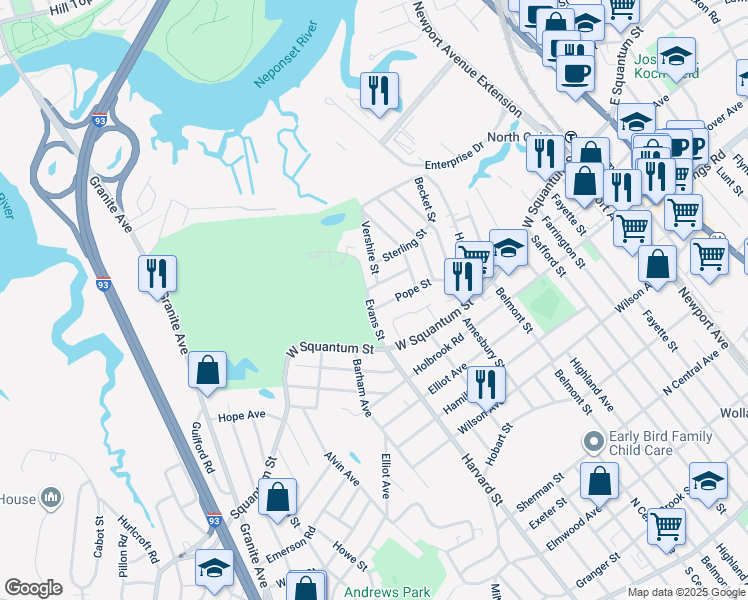 map of restaurants, bars, coffee shops, grocery stores, and more near 92 Evans Street in Quincy