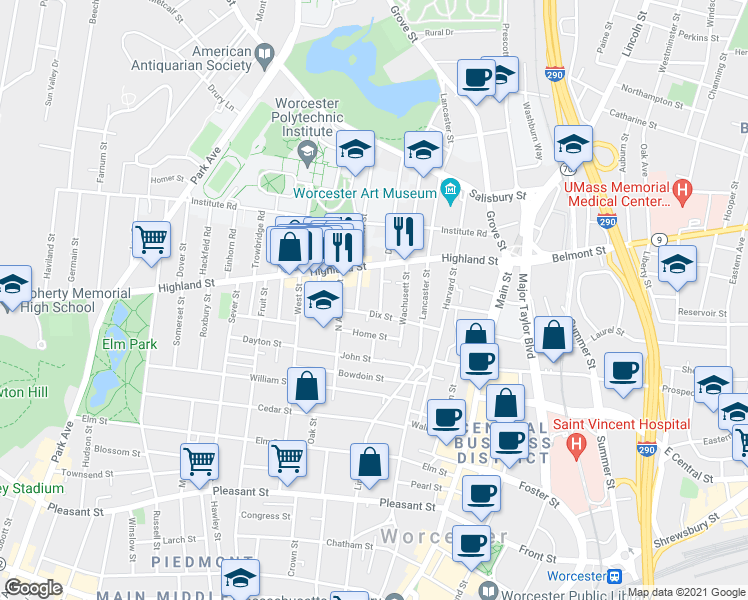 map of restaurants, bars, coffee shops, grocery stores, and more near 5 Goulding Street in Worcester