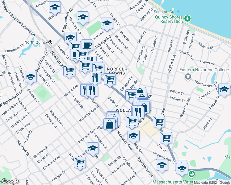 map of restaurants, bars, coffee shops, grocery stores, and more near 553 Hancock Street in Quincy