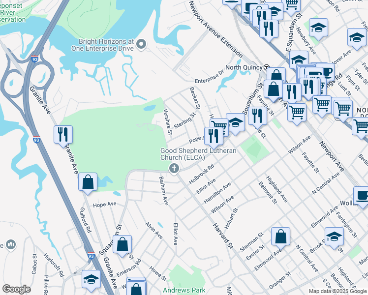 map of restaurants, bars, coffee shops, grocery stores, and more near 58 Pope Street in Quincy