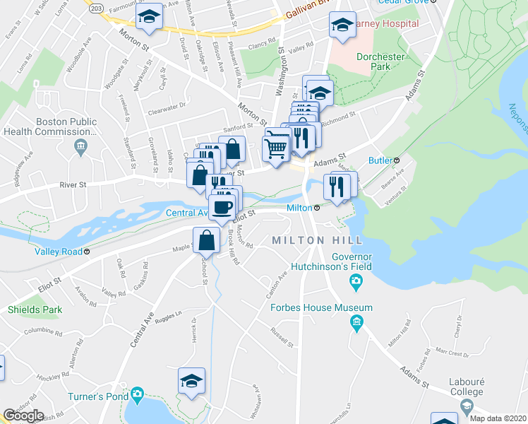 map of restaurants, bars, coffee shops, grocery stores, and more near 50 Eliot Street in Milton