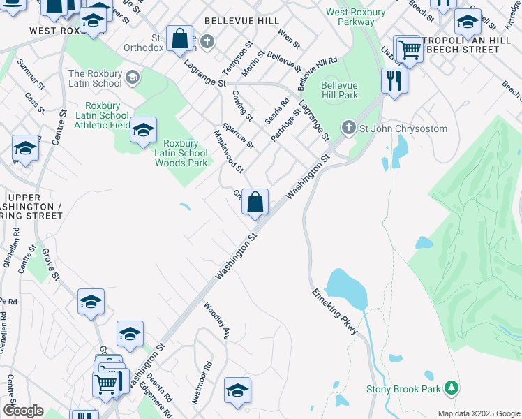 map of restaurants, bars, coffee shops, grocery stores, and more near 4891 Washington Street in Boston