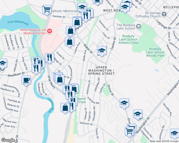 map of restaurants, bars, coffee shops, grocery stores, and more near 28 Keystone Street in Boston