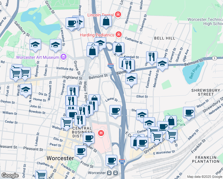 map of restaurants, bars, coffee shops, grocery stores, and more near 50 Everett Gaylord Boulevard in Worcester