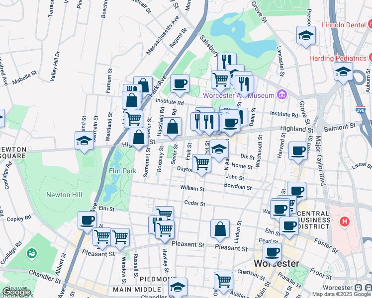 map of restaurants, bars, coffee shops, grocery stores, and more near 78 Sever Street in Worcester