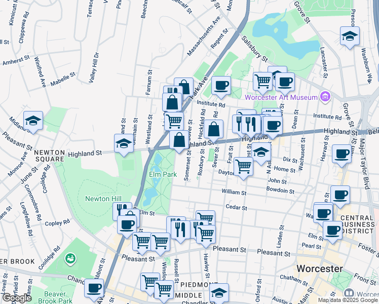 map of restaurants, bars, coffee shops, grocery stores, and more near 35 Somerset Street in Worcester