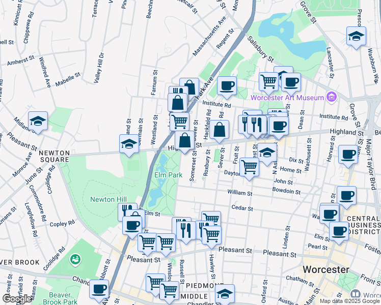 map of restaurants, bars, coffee shops, grocery stores, and more near 35 Somerset Street in Worcester