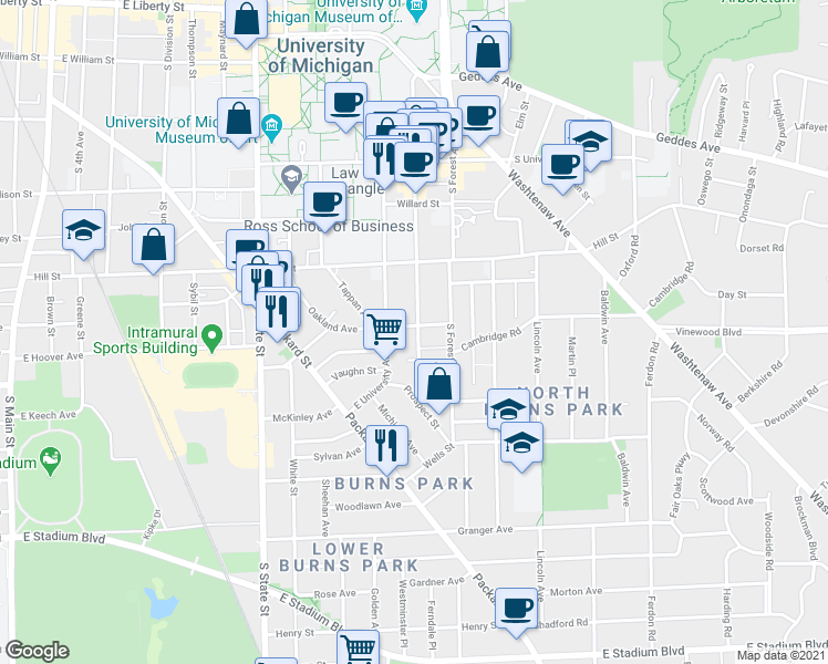 map of restaurants, bars, coffee shops, grocery stores, and more near 1000 Church Street in Ann Arbor