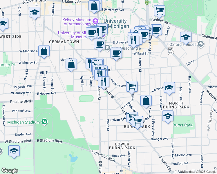 map of restaurants, bars, coffee shops, grocery stores, and more near 741 Packard Street in Ann Arbor
