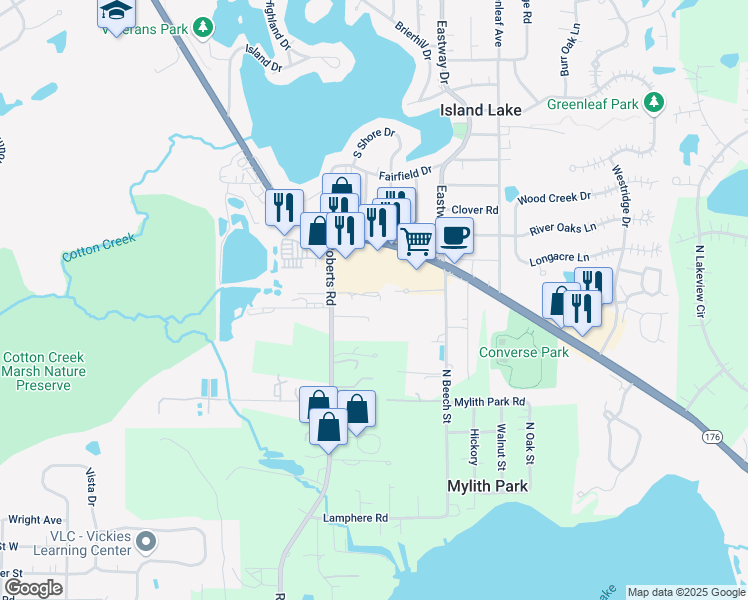 map of restaurants, bars, coffee shops, grocery stores, and more near 111 Timber Trail in Island Lake