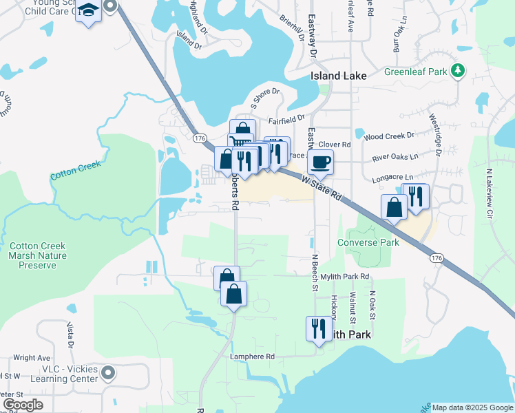 map of restaurants, bars, coffee shops, grocery stores, and more near 111 Timber Trail in Island Lake
