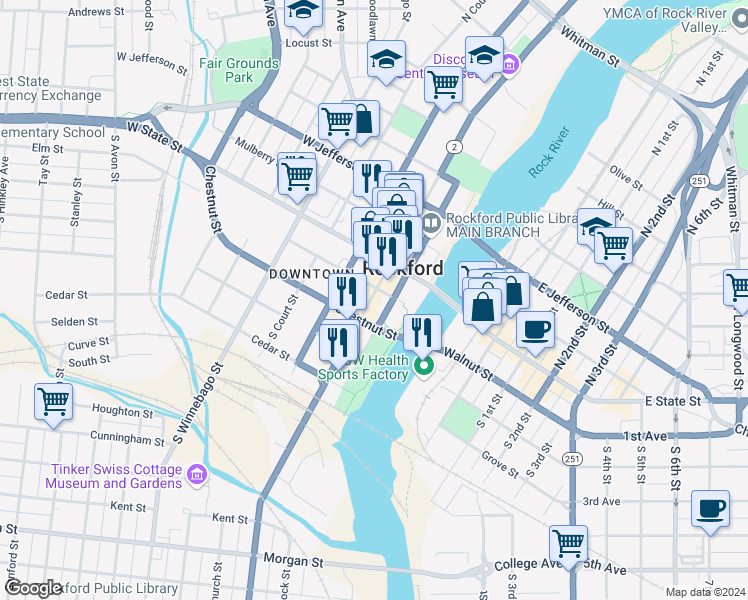 map of restaurants, bars, coffee shops, grocery stores, and more near 300 Elm Street in Rockford