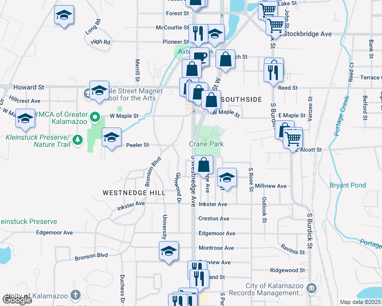 map of restaurants, bars, coffee shops, grocery stores, and more near 2112 South Westnedge Avenue in Kalamazoo