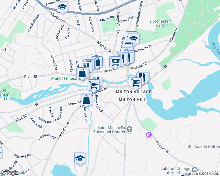 map of restaurants, bars, coffee shops, grocery stores, and more near 50 Eliot Street in Milton