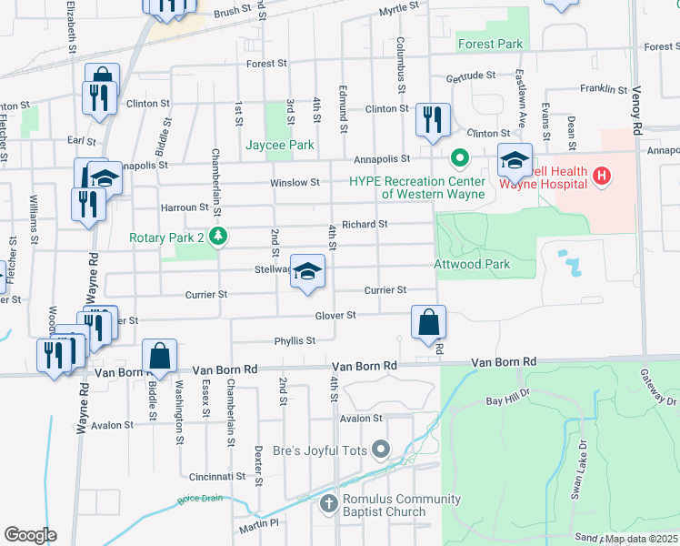 map of restaurants, bars, coffee shops, grocery stores, and more near 34325 Stellwagen Street in Wayne