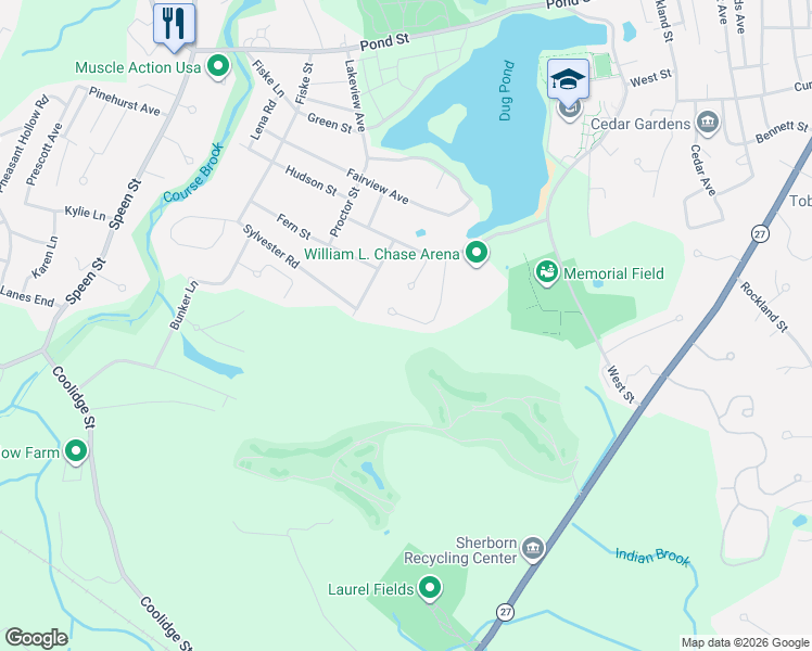 map of restaurants, bars, coffee shops, grocery stores, and more near 20 Eastleigh Lane in Natick
