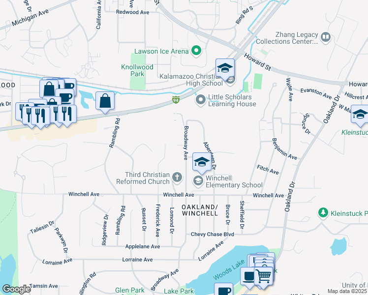 map of restaurants, bars, coffee shops, grocery stores, and more near 2423 Acorn Lane in Kalamazoo