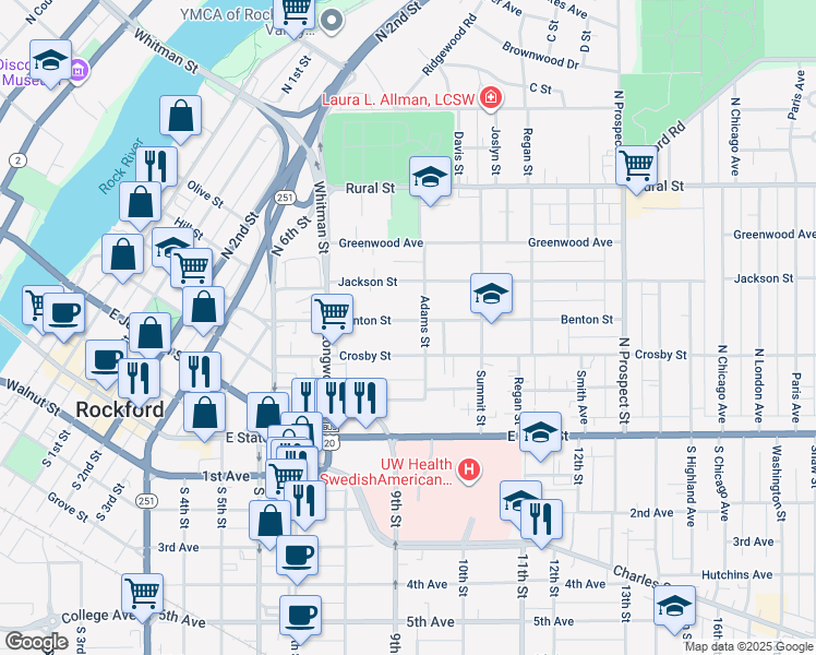 map of restaurants, bars, coffee shops, grocery stores, and more near 1233 Benton Street in Rockford