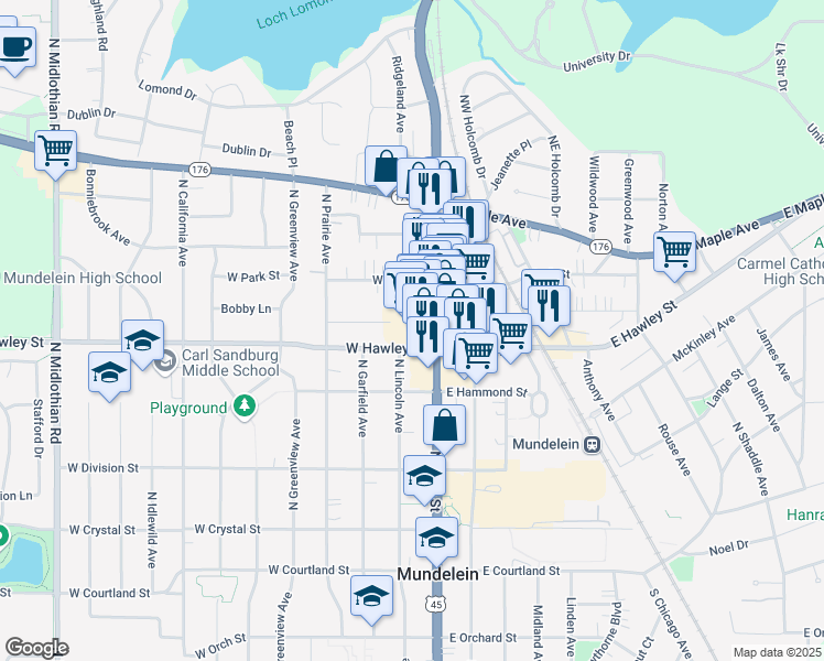 map of restaurants, bars, coffee shops, grocery stores, and more near 226 Chandler Drive in Mundelein