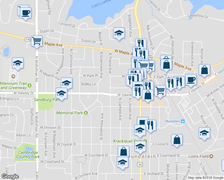 map of restaurants, bars, coffee shops, grocery stores, and more near 233 Chandler Drive in Mundelein