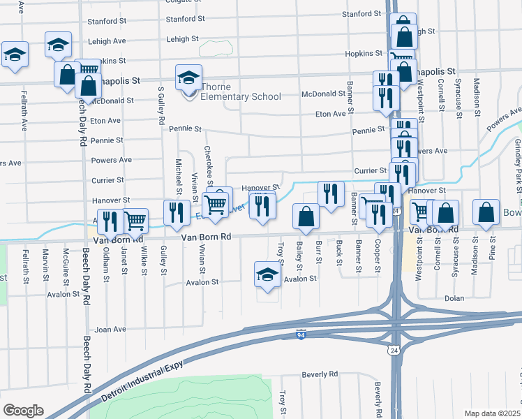 map of restaurants, bars, coffee shops, grocery stores, and more near 5616 Van Born Court in Dearborn Heights