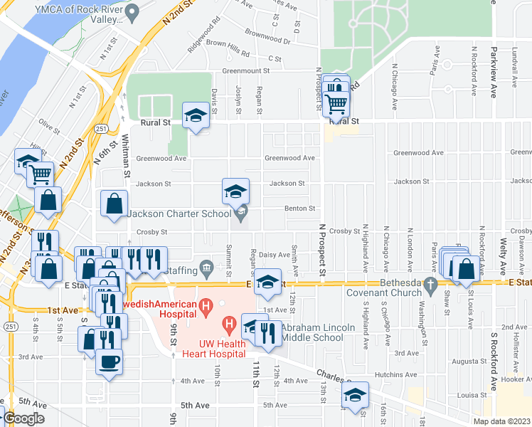 map of restaurants, bars, coffee shops, grocery stores, and more near 1503 Benton Street in Rockford