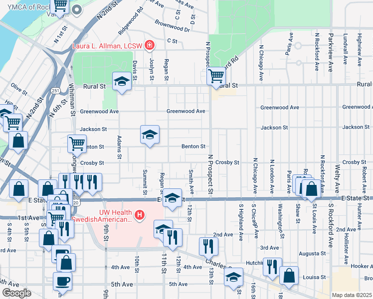 map of restaurants, bars, coffee shops, grocery stores, and more near 1535 Benton Street in Rockford