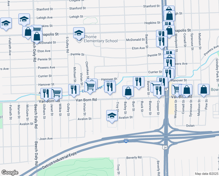 map of restaurants, bars, coffee shops, grocery stores, and more near 5616 Van Born Court in Dearborn Heights
