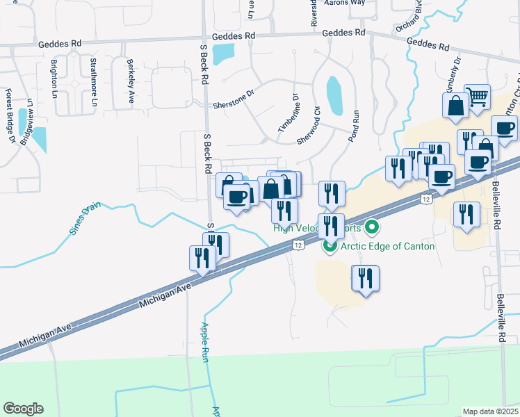 map of restaurants, bars, coffee shops, grocery stores, and more near 47250 Michigan Avenue in Canton
