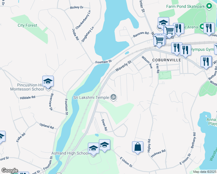 map of restaurants, bars, coffee shops, grocery stores, and more near 1118 Waverly Street in Framingham